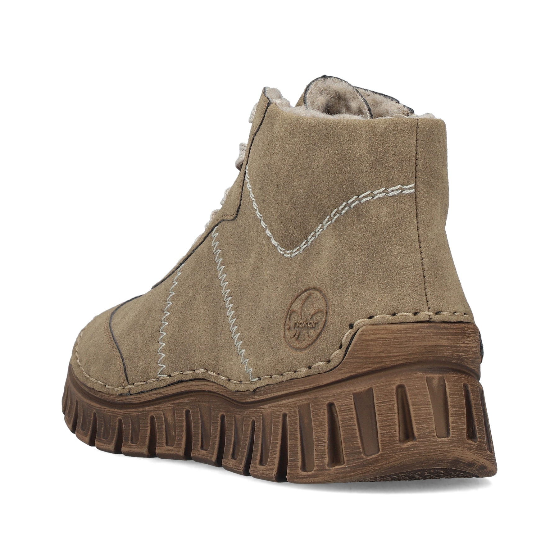 Graue Rieker Damen Schnürstiefel 57520-20 mit modernen Ziernähten. Schuh von hinten.