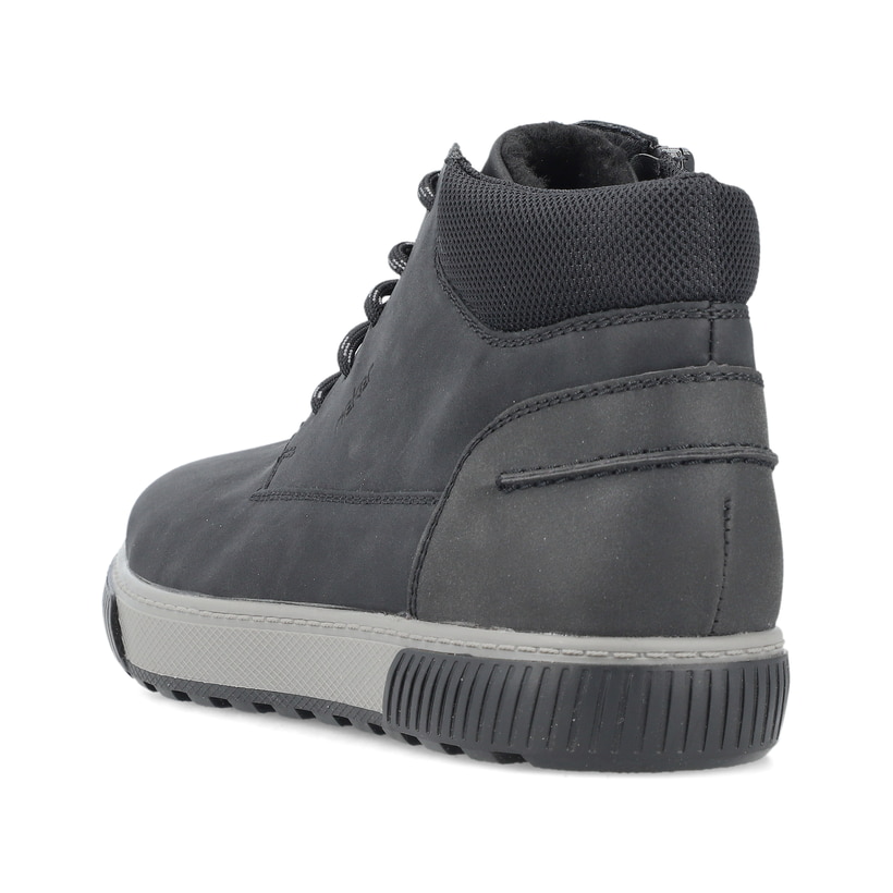 Graphitschwarze Rieker Herren Schnürschuhe 18918-00 mit einem Reißverschluss. Schuh von hinten.