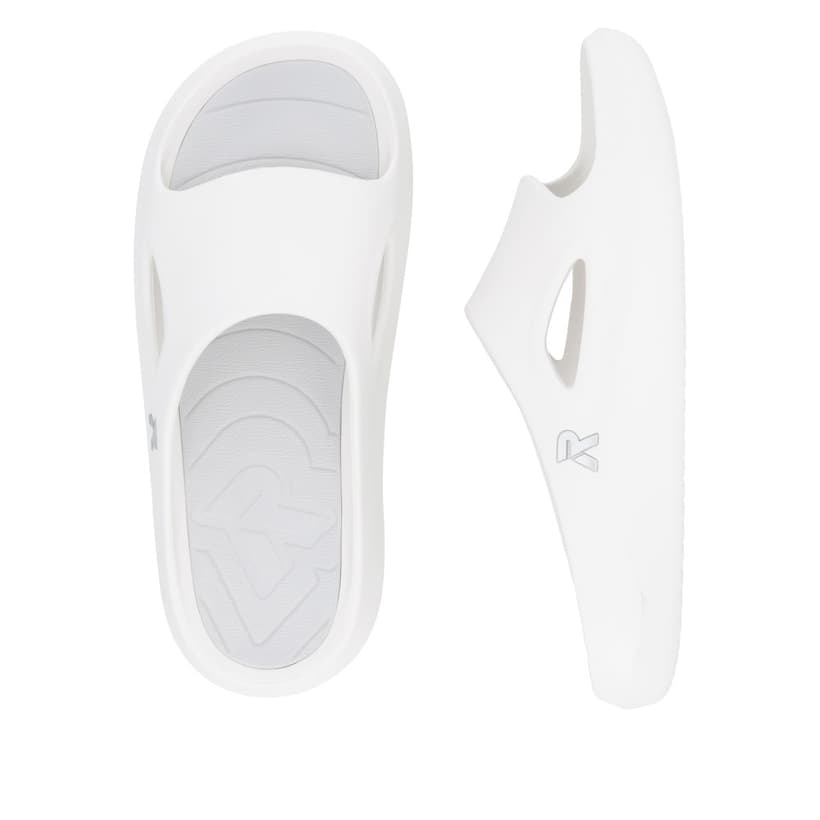Mules Rieker blanches pour femme W3450-80 avec semelle ultra légère. Chaussure vue de dessus, couchée.