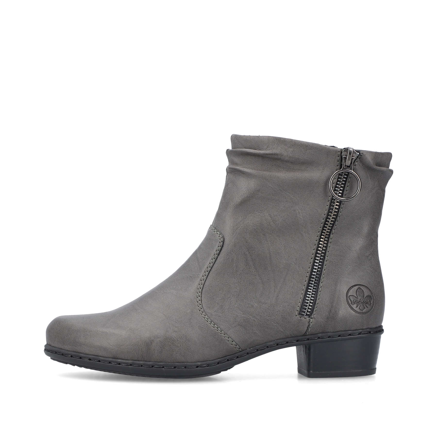 Mondgraue Rieker Damen Stiefeletten Y0741-45 mit Reißverschluss sowie Blockabsatz. Schuh Außenseite