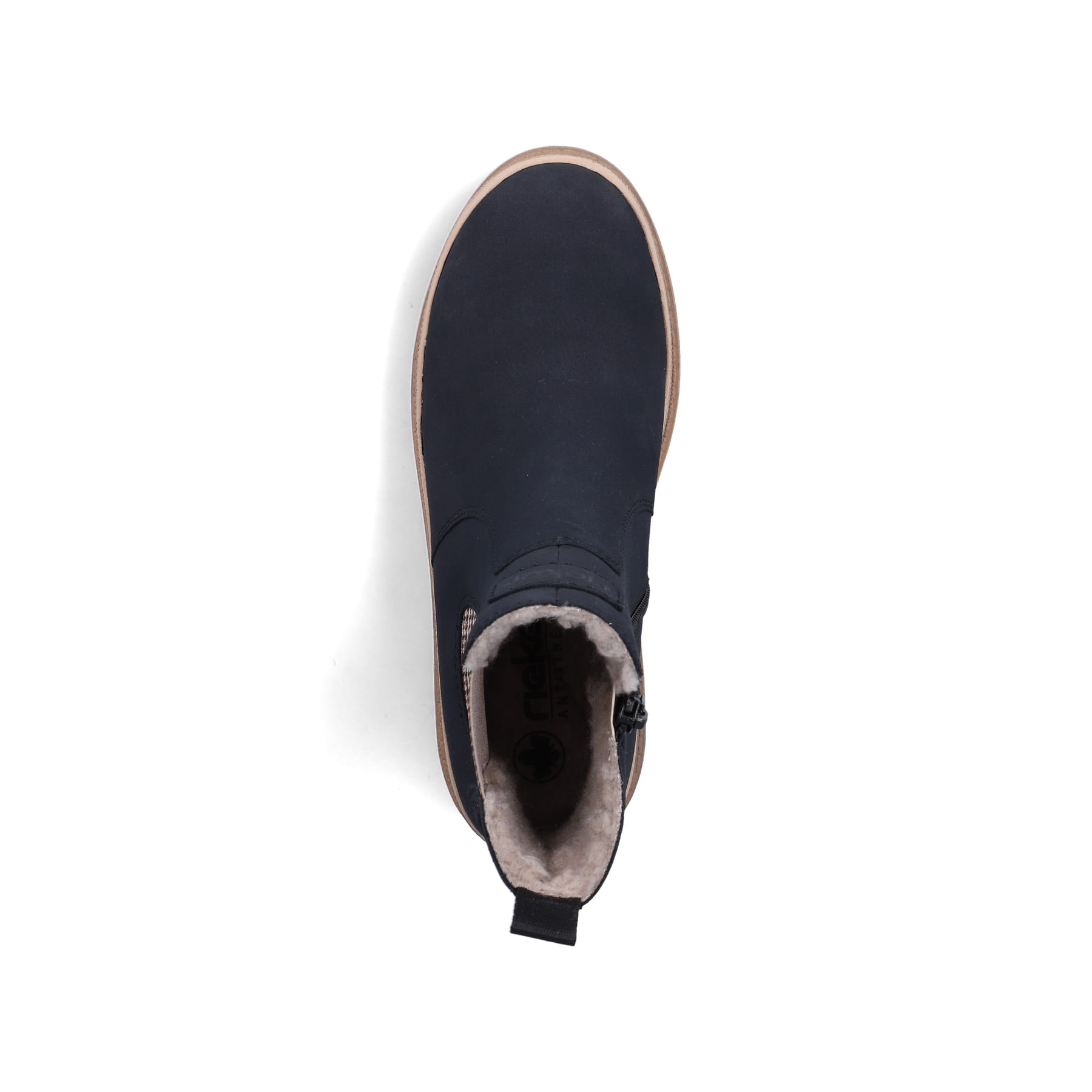 Dunkelblau-beige Rieker Damen Chelsea Boots Y6260-14 mit einem Reißverschluss. Schuh von oben.