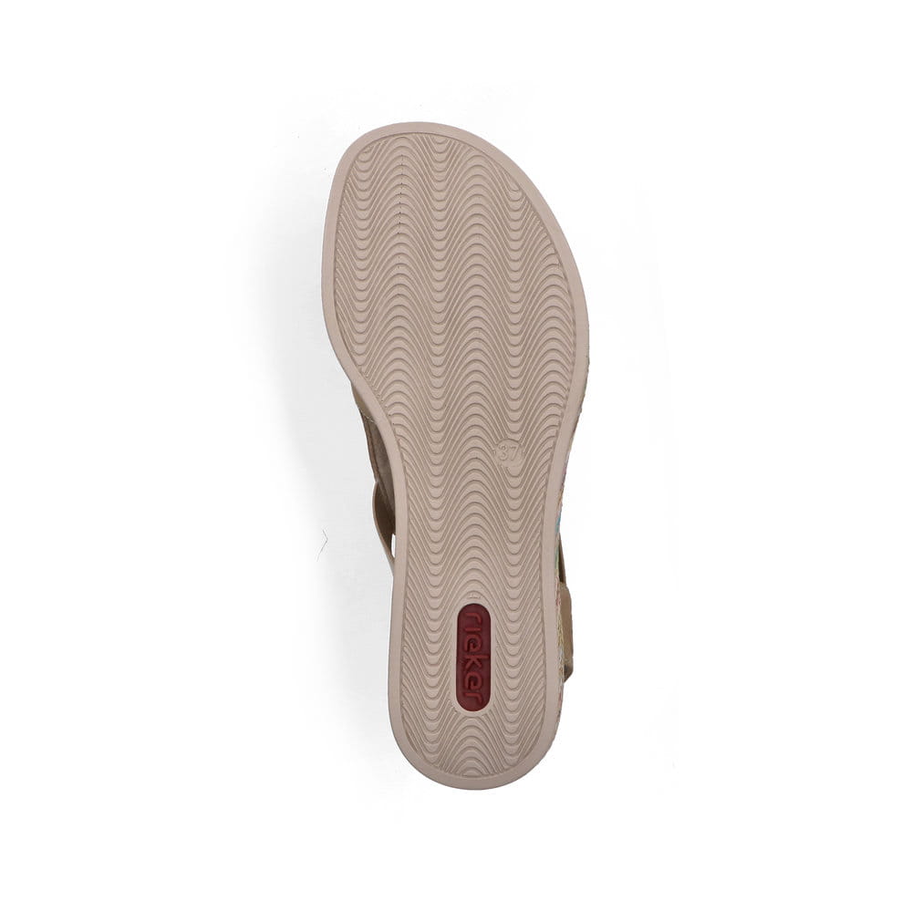 Beige Rieker Keilsandaletten 69472-60 mit Gummizug sowie leichter Plateausohle. Schuh Laufsohle.