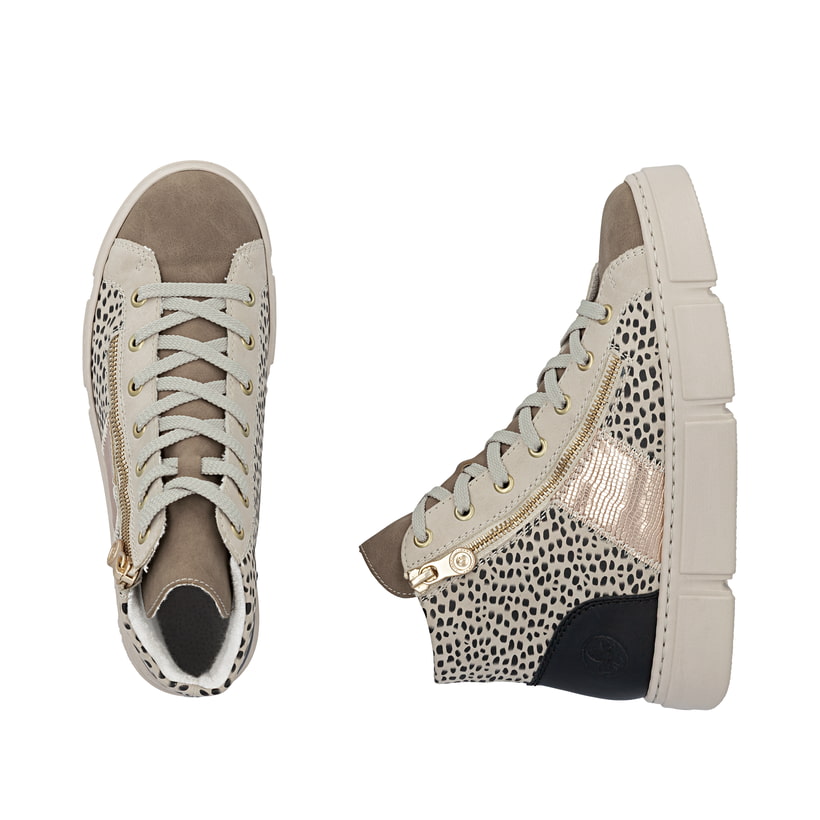Beige Rieker Damen Sneaker High N5931-62 mit Animal-Print sowie Reißverschluss. Schuh von oben, liegend.