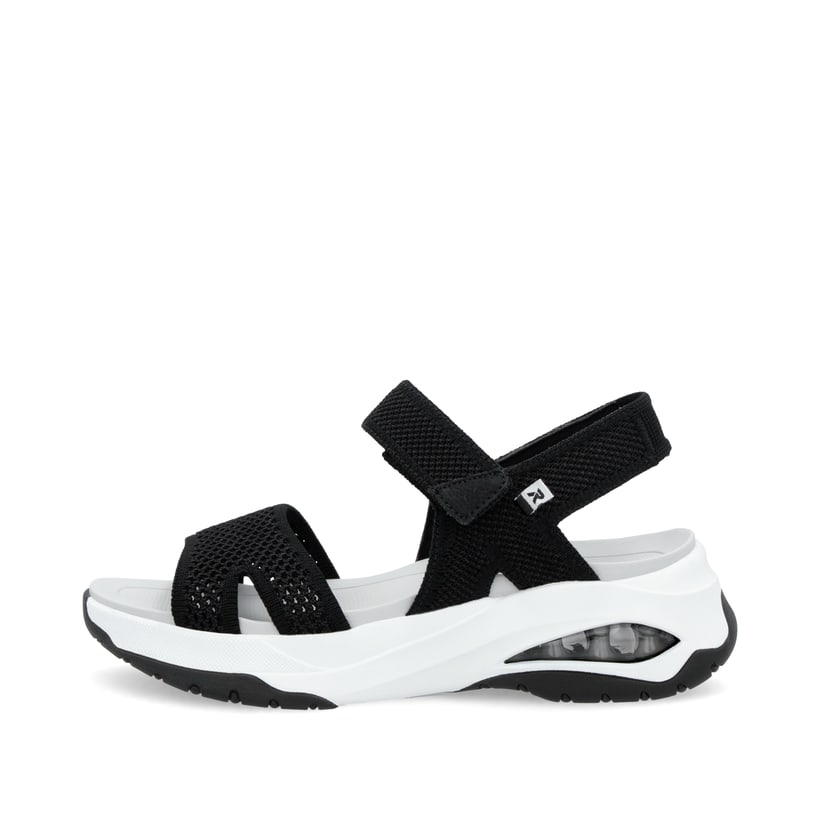 Schwarze vegane Rieker Damen Trekkingsandalen W3152-00 mit einem Klettverschluss. Schuh Außenseite.