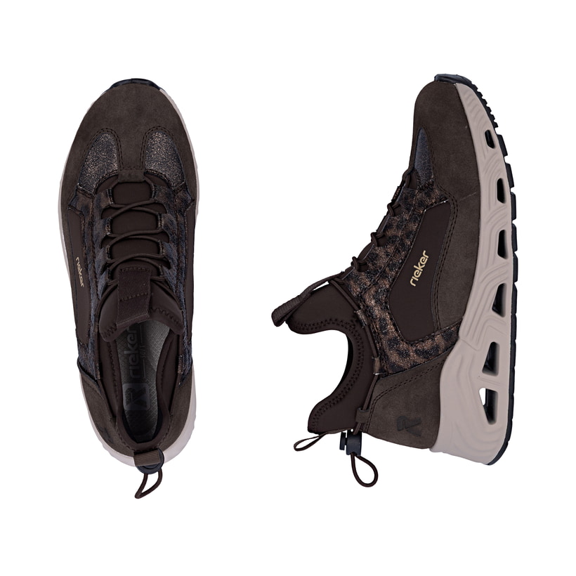 Baskets basses Rieker marron pour femmes N5254-25 avec bande élastique. Chaussure vue de dessus, couchée.