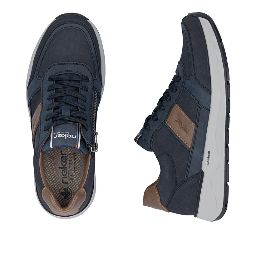 Dunkelblaue Rieker Herren Schnürschuhe 11505-14 mit einem Reißverschluss. Schuh von oben, liegend.