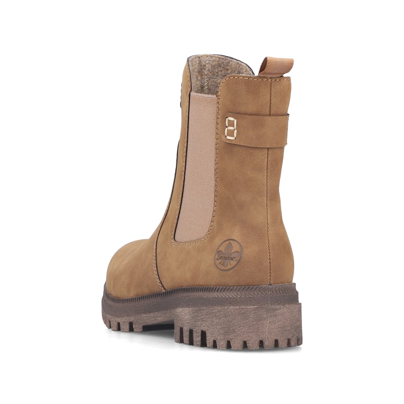 Braune Rieker Damen Chelsea Boots Y7660-24 mit einem Reißverschluss. Schuh von hinten.