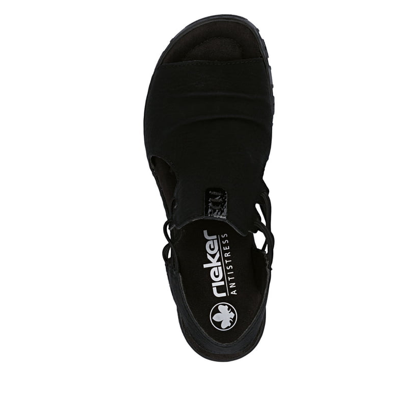 Schwarze Rieker Damen Sandalen 68075-00 mit einem Gummizug. Schuh von oben.