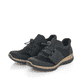 
Tiefschwarze Rieker Damen Slipper N32X8-00 mit Gummizug sowie einer leichten Sohle. Schuhpaar schräg.