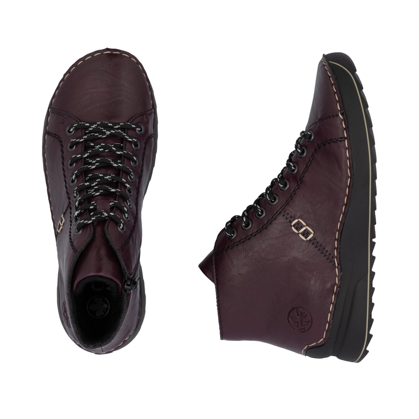 Dunkelrote Rieker Damen Schnürstiefel 71510-30 mit einem Reißverschluss. Schuh von oben, liegend.