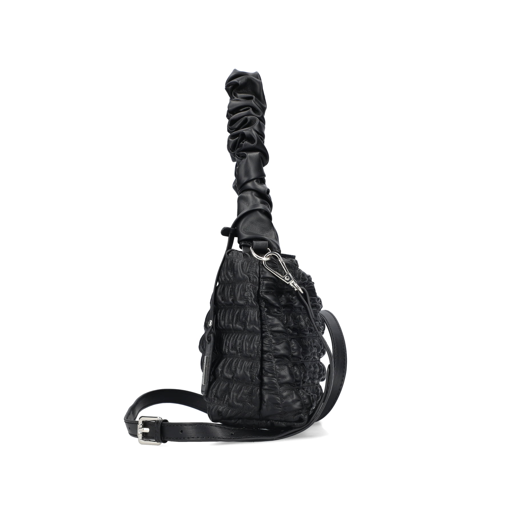 Rieker Handtasche H1653-00 in Schwarz mit gesteppter Optik, Reißverschluss und abnehmbarer langen Riemen. Linksseitig.