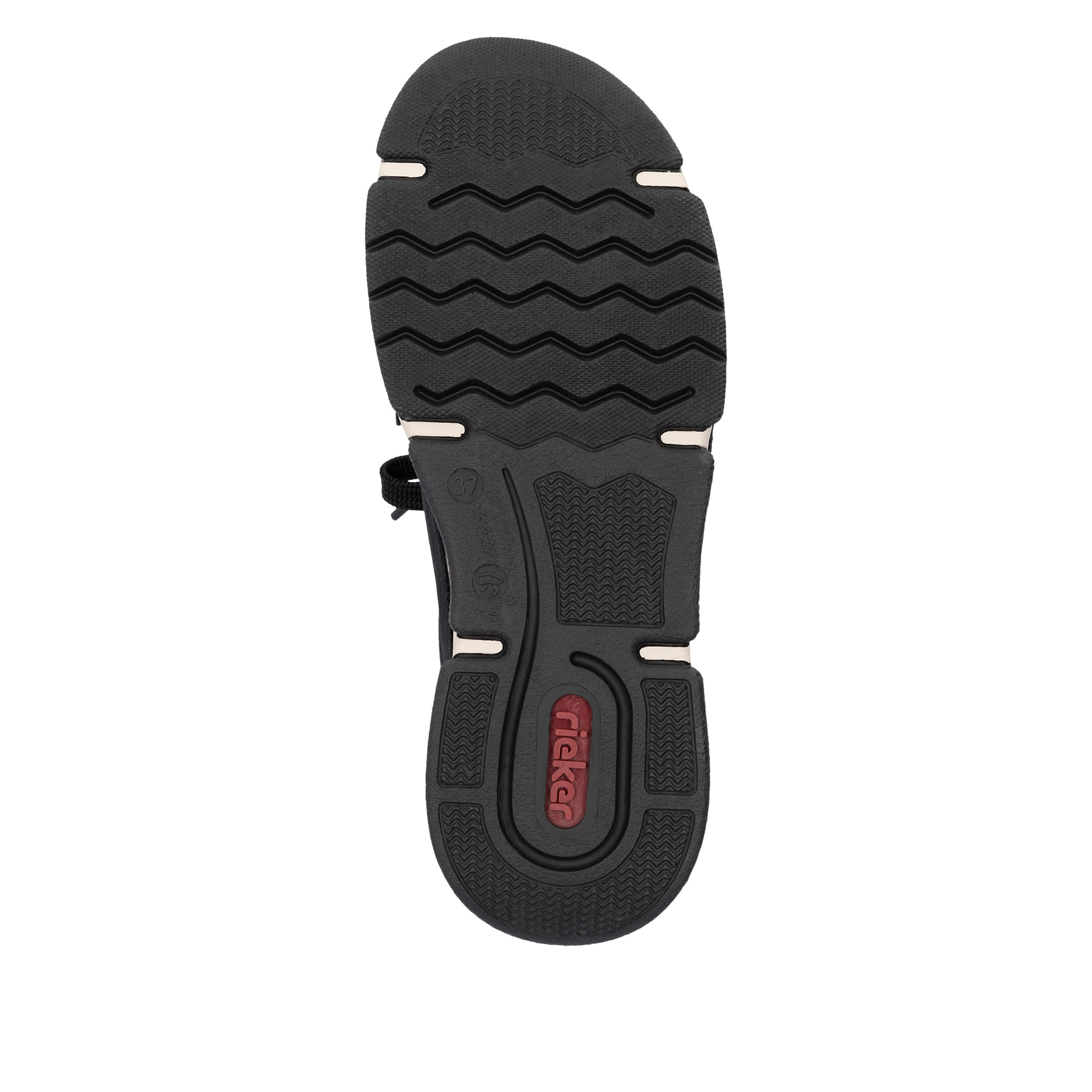 Mocassins Rieker noirs pour femme 45973-00 avec bande élastique. Semelle extérieure de la chaussure.