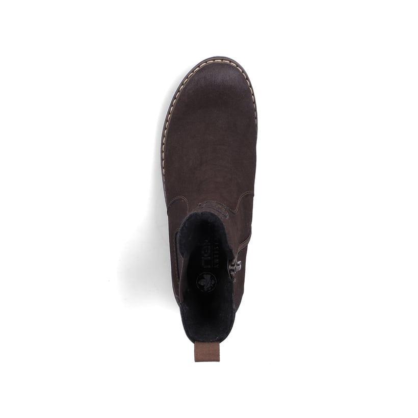 Dunkelbraune Rieker Damen Chelsea Boots Y9160-25 mit einem Reißverschluss. Schuh von oben.