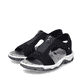 Tiefschwarze Rieker Damen Trekkingsandalen 68864-00 mit einem Reißverschluss. Schuhpaar seitlich schräg.