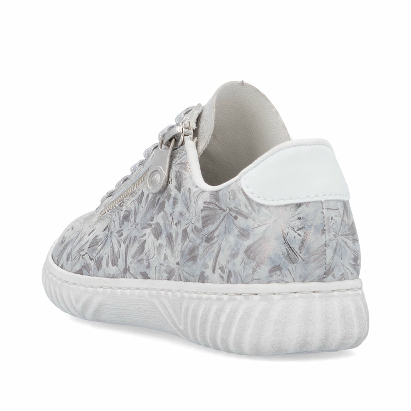 Baskets basses Rieker argent pour femme N0900-90 avec motif floral. Chaussure vue de l'arrière.