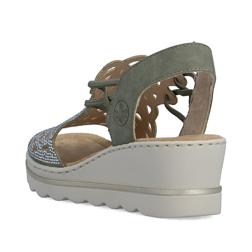 Khakifarbene Rieker Keilsandaletten 67465-52 mit Strasssteinen sowie Gummizug. Schuh von hinten.