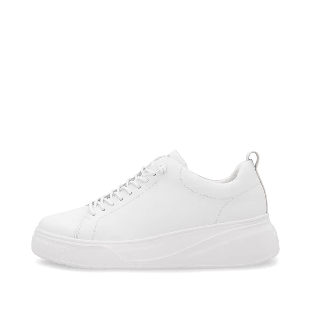 Baskets basses Rieker blanches femme W2301-80 en cuir lisse avec lacets. Côté extérieur de la chaussure.