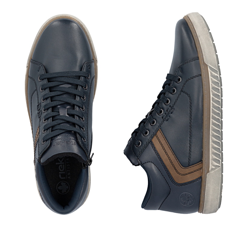 Dunkelblau-braune Rieker Herren Schnürstiefel 17940-14 aus Glattleder. Schuh von oben, liegend.