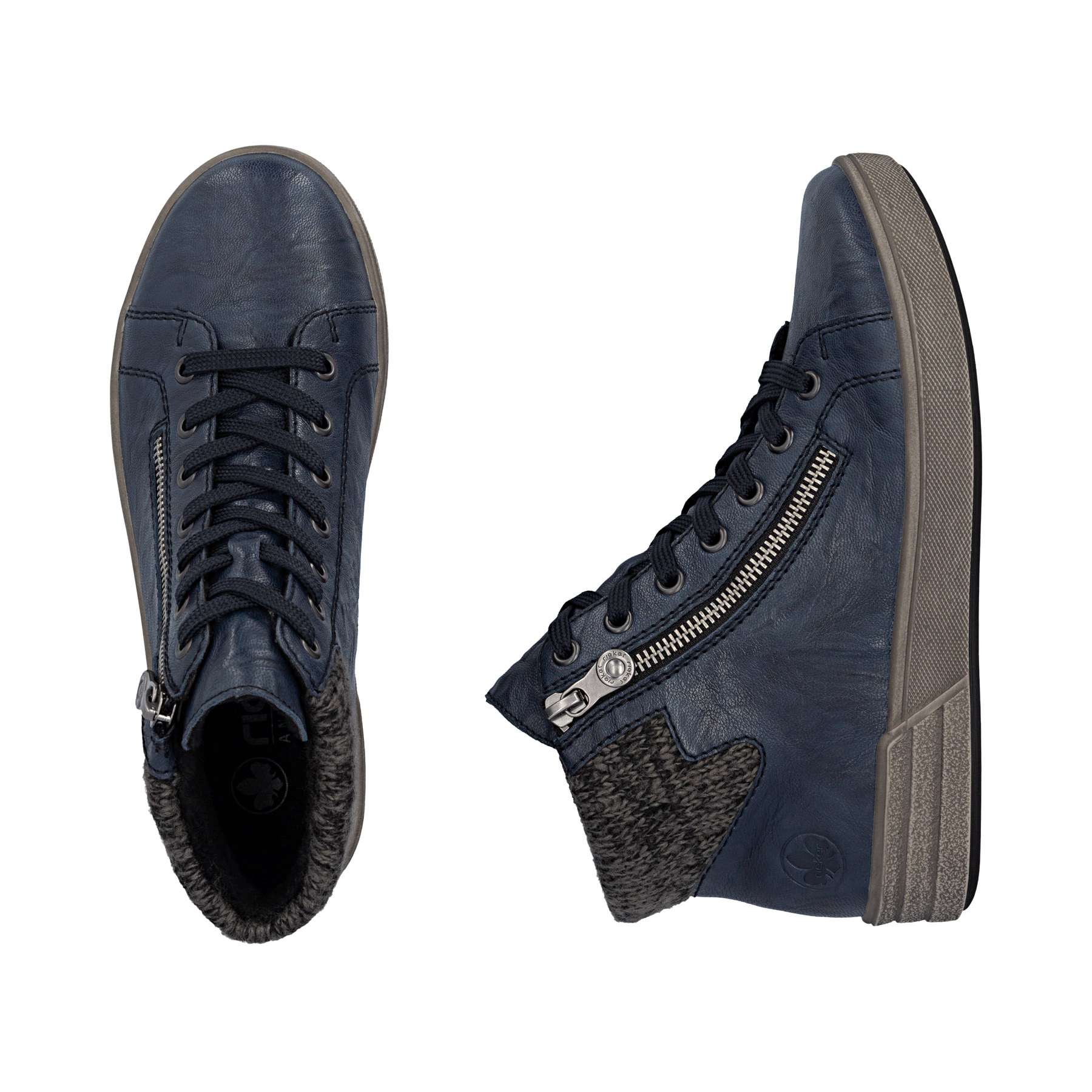 Dunkelblaue Rieker Damen Sneaker High X0709-14 aus Glattleder mit Reißverschluss. Schuh von oben, liegend.
