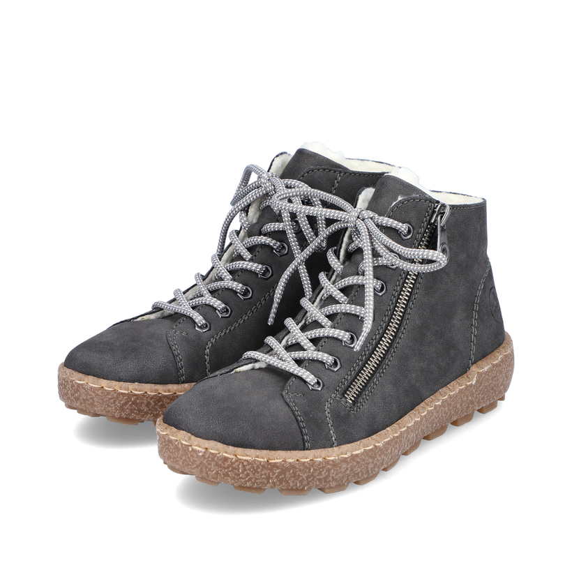 Asphaltgraue Rieker Damen Schnürschuhe N1020-45 mit Schnürung und Reißverschluss. Schuhpaar schräg.