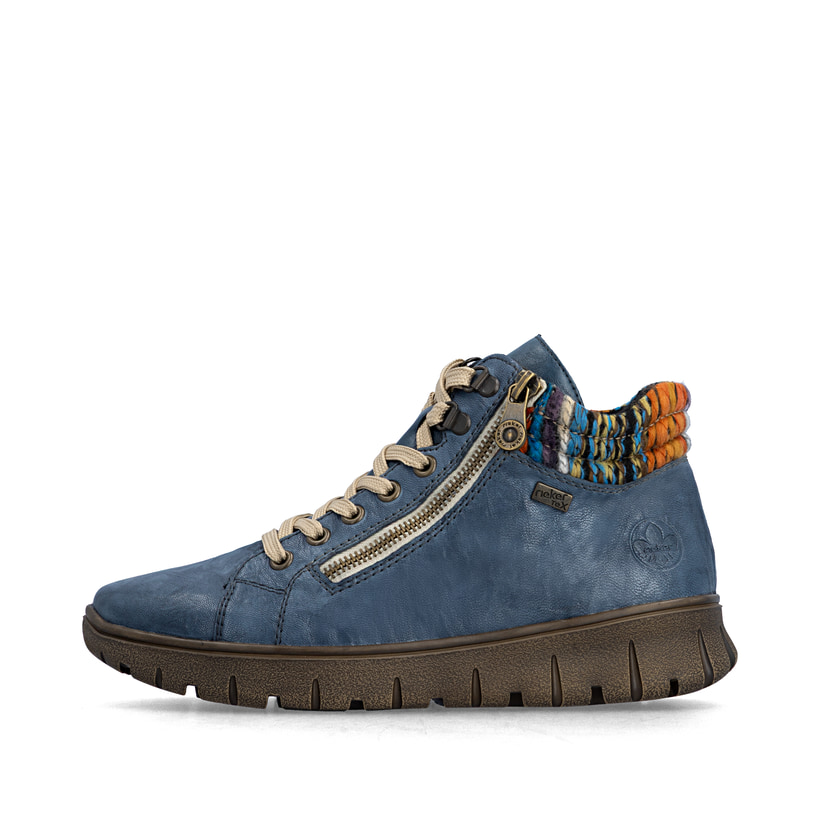 Blaue Rieker Damen Schnürstiefel N1305-14 aus Glattleder. Schuh Außenseite.