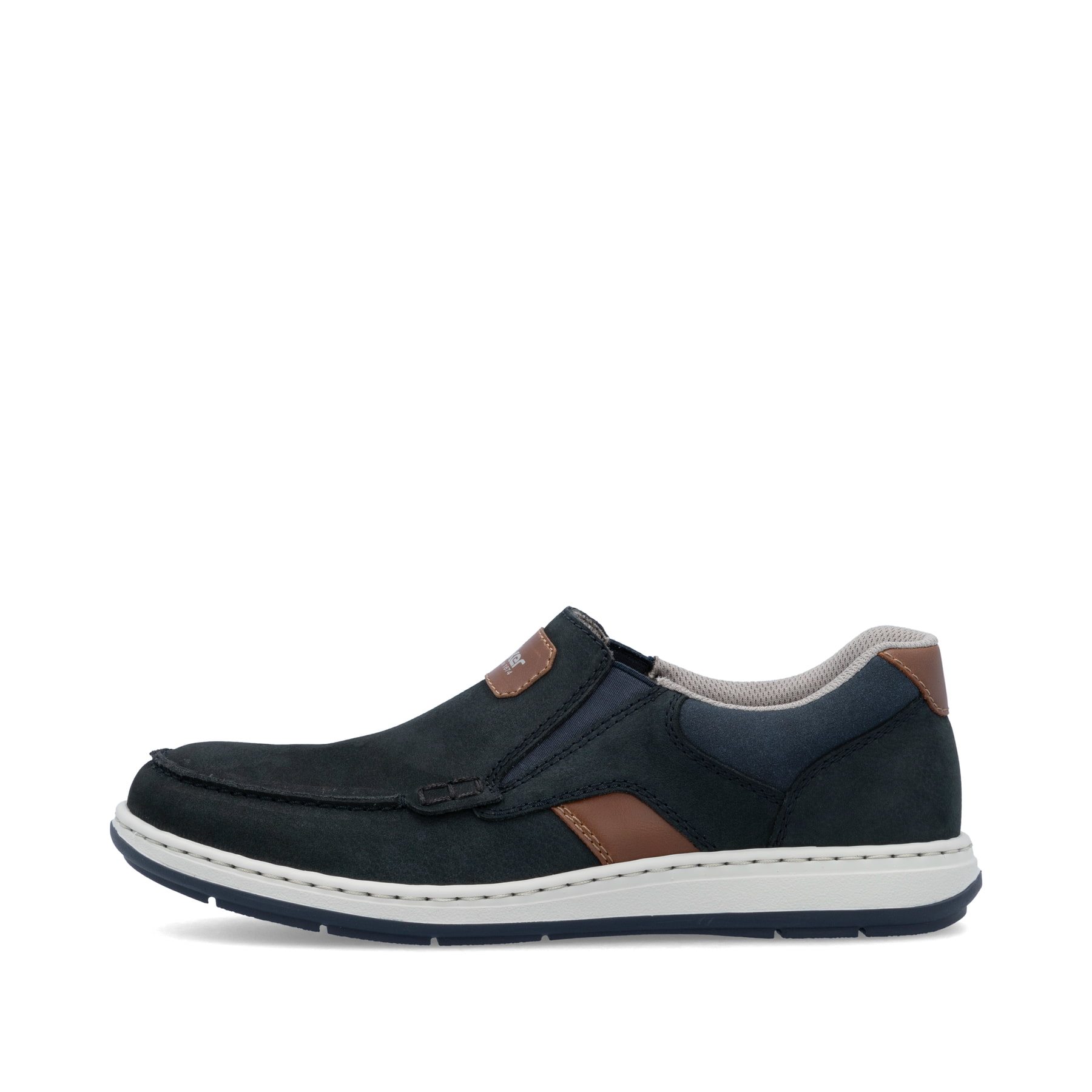 Blaue Rieker Herren Slipper 17368-14 mit einem Gummizug sowie der Extraweite H. Schuh Außenseite.