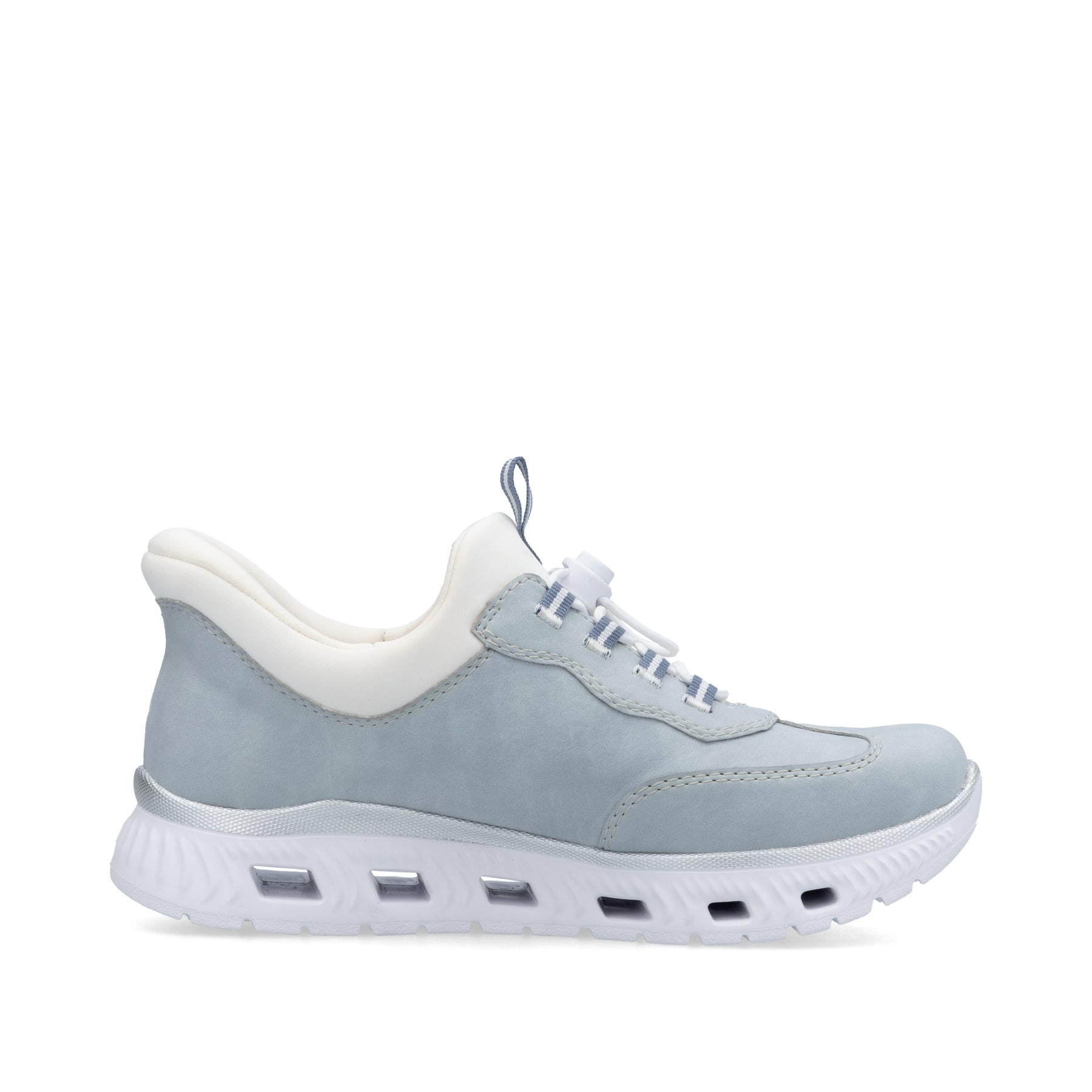 Baskets basses Rieker bleues pour femme M6071-12 avec bande élastique. Intérieur de la chaussure.