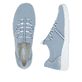 Blaue vegane Rieker Damen Slipper L7462-12 mit einem Gummizug. Schuh von oben, liegend.
