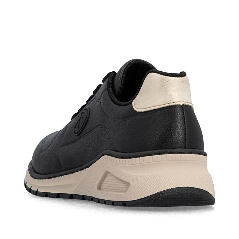 Schwarze Rieker Damen Sneaker Low M4903-03 aus Glattleder mit einer Schnürung. Schuh von hinten.