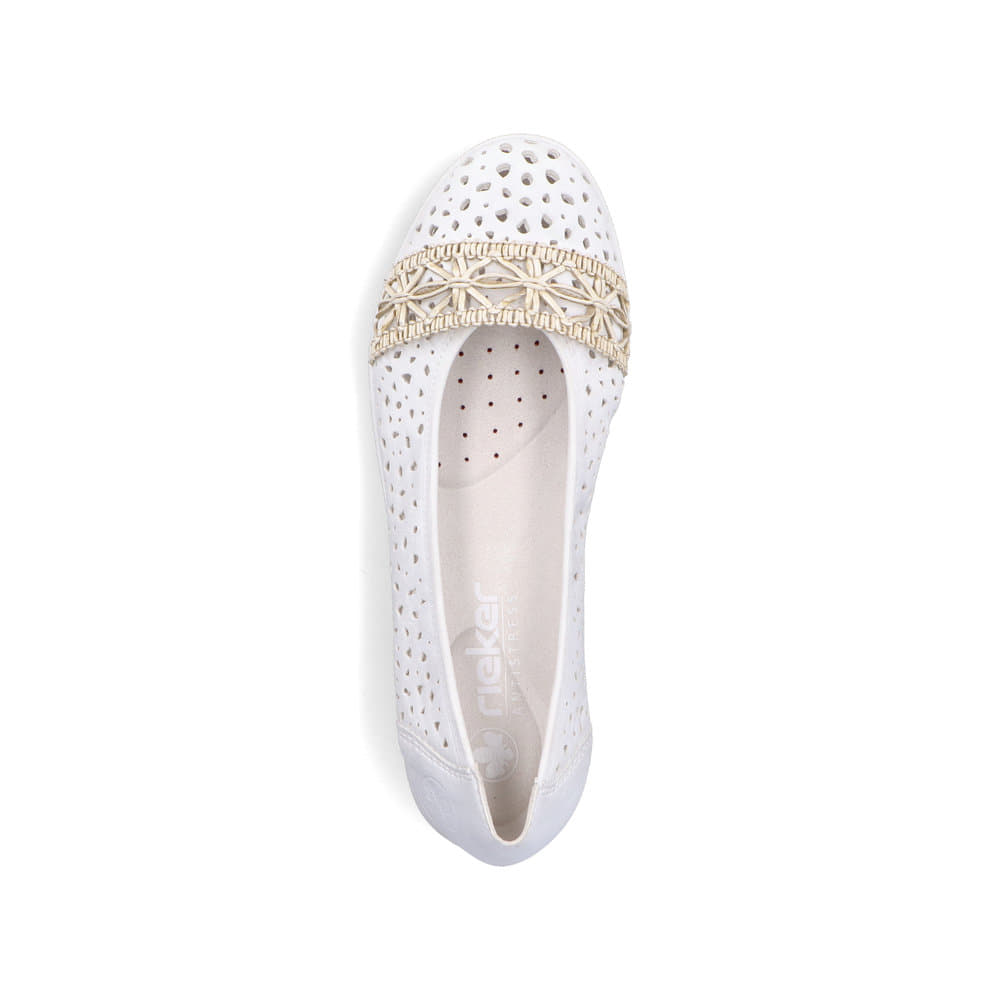 Ballerines Rieker blanches pour femme L3062-80 avec éléments décoratifs. Chaussure vue de dessus.
