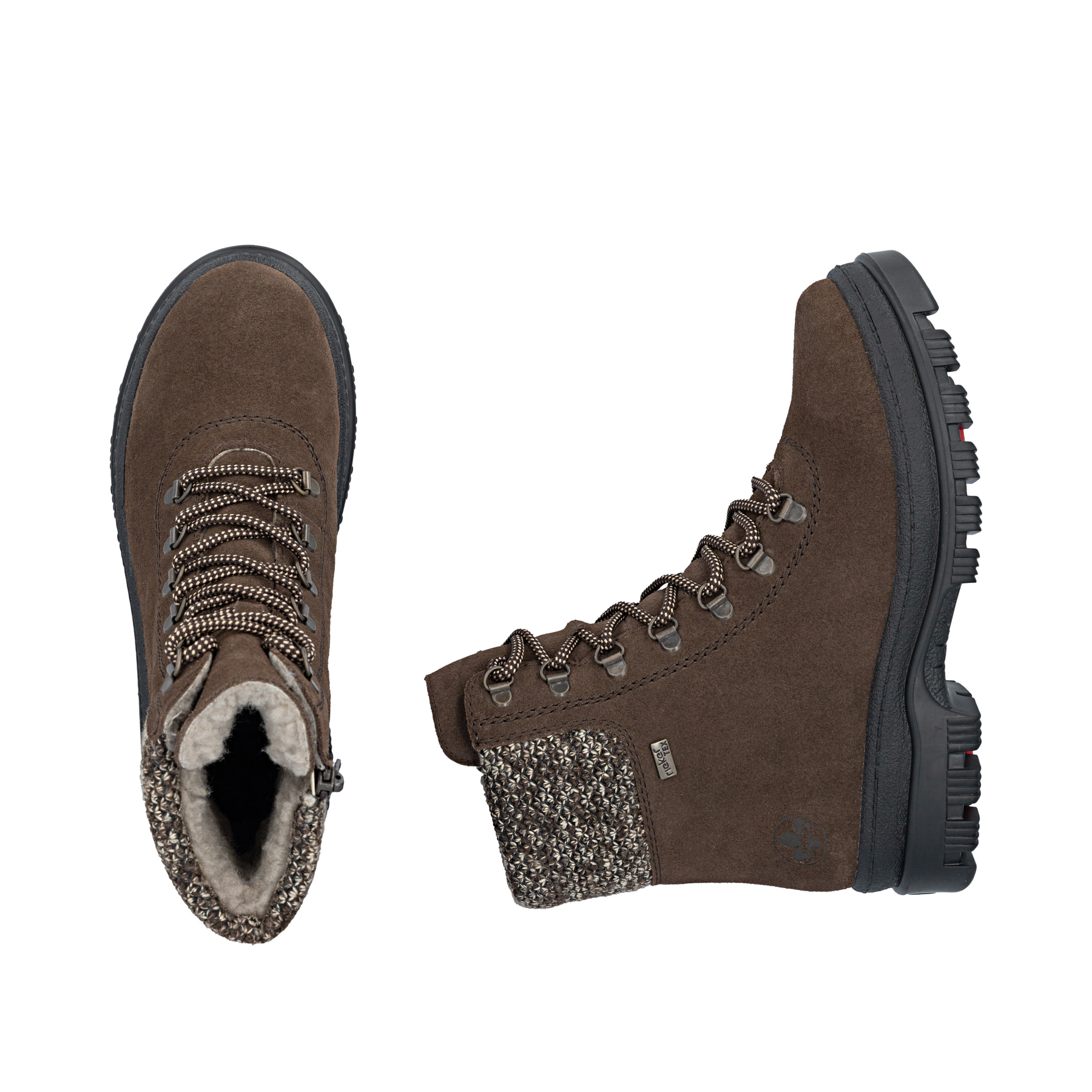 Dunkelbraune Rieker Damen Schnürstiefel X8233-25 aus Rauleder. Schuh von oben, liegend.