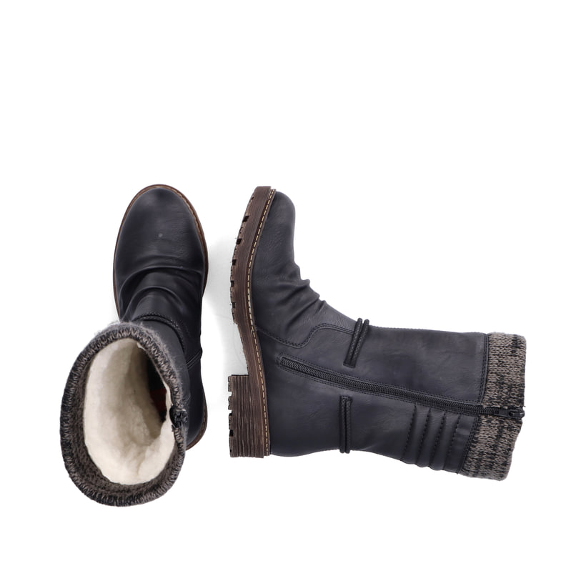 Schwarze Rieker Damen Hochschaftstiefel Z4755-00 mit Strick-Kragen. Schuh von oben, liegend.