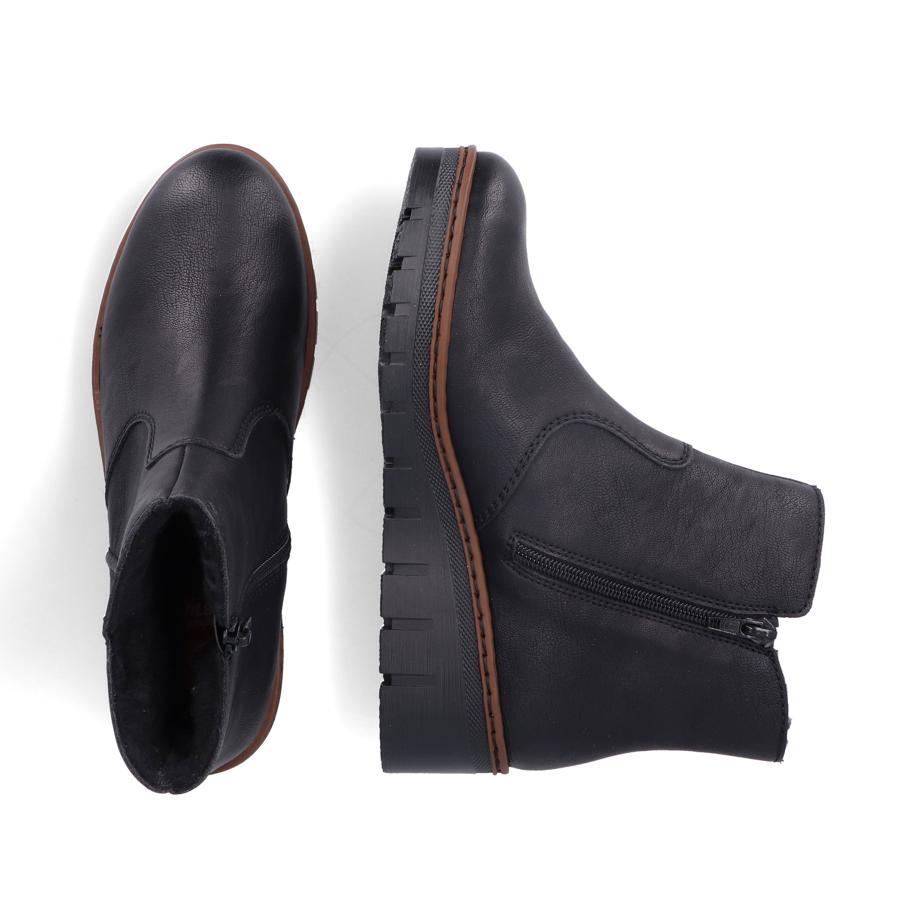 Bottines Rieker noires pour femmes X9165-00 avec fermeture éclair. Chaussure vue de dessus, couchée.