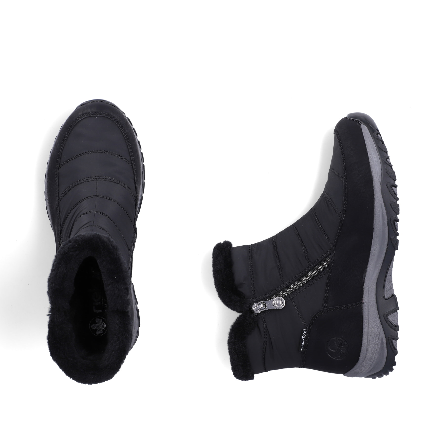 Schwarze Rieker Damen Kurzstiefel M9670-01 mit wasserabweisender TEX-Membran. Schuh von oben, liegend.