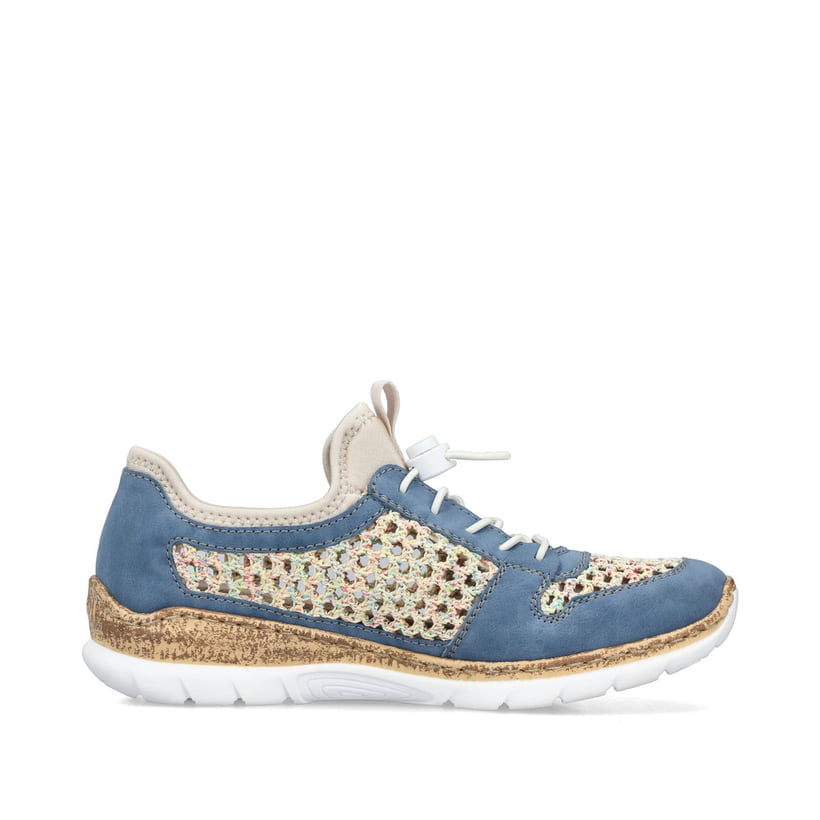 Mehrfarbige Rieker Damen Slipper N42G6-90 mit einem Gummizug. Schuh Innenseite.