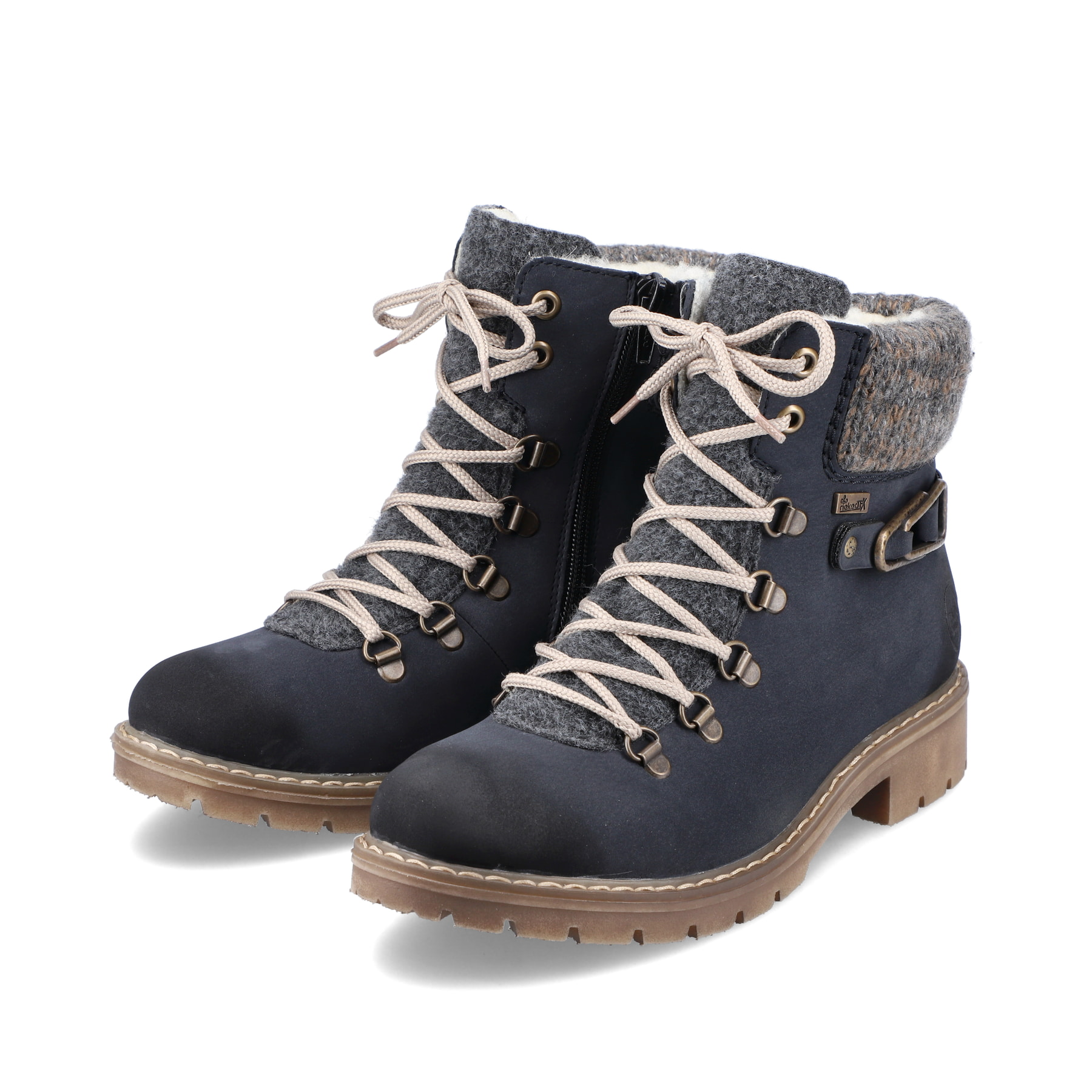 Ozeanblaue Rieker Damen Schnürstiefel Y9131-14 mit Schnürung und Reißverschluss. Schuhpaar schräg.