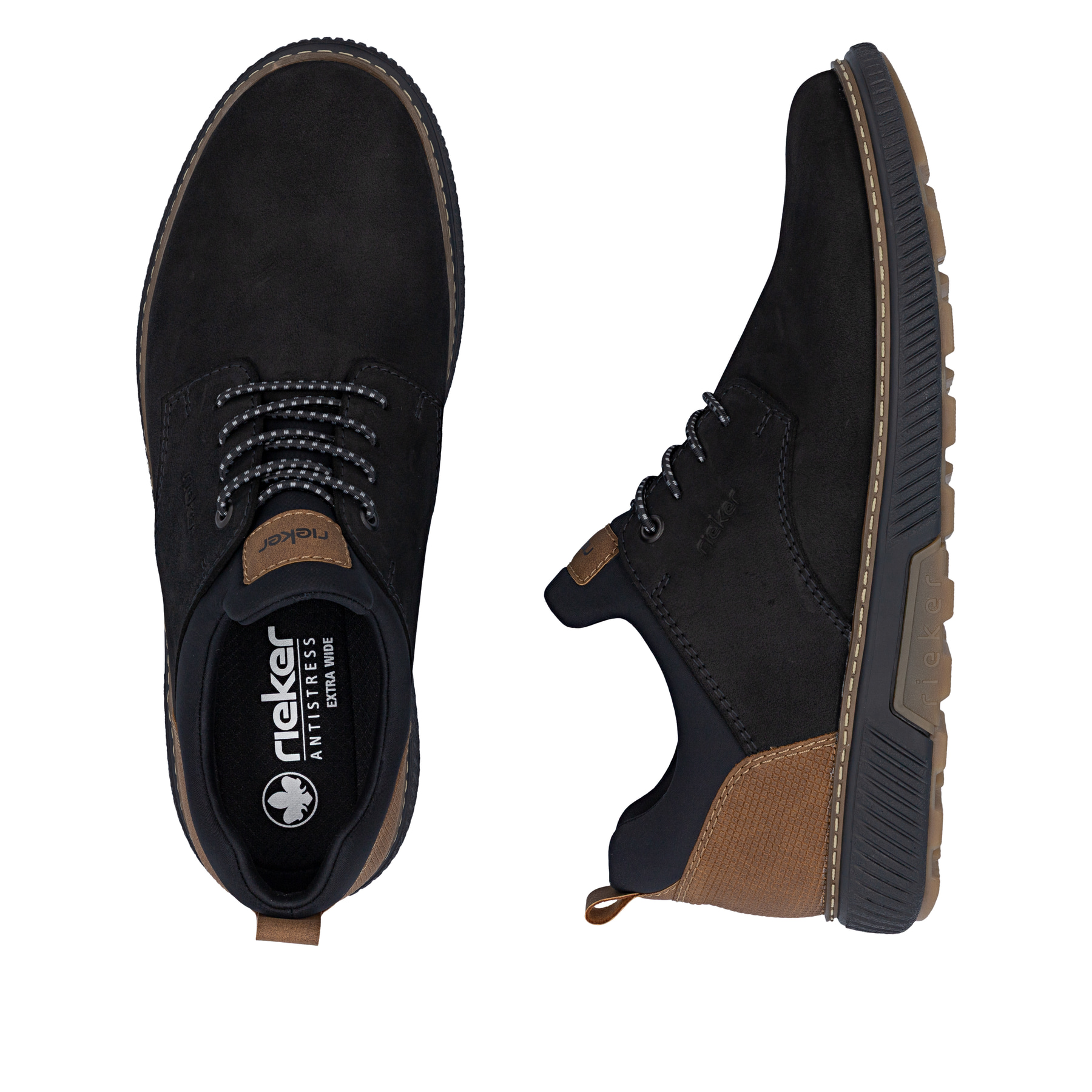 Schwarze Rieker Herren Slipper B3360-00 aus Rauleder mit einem Gummizug. Schuh von oben, liegend.