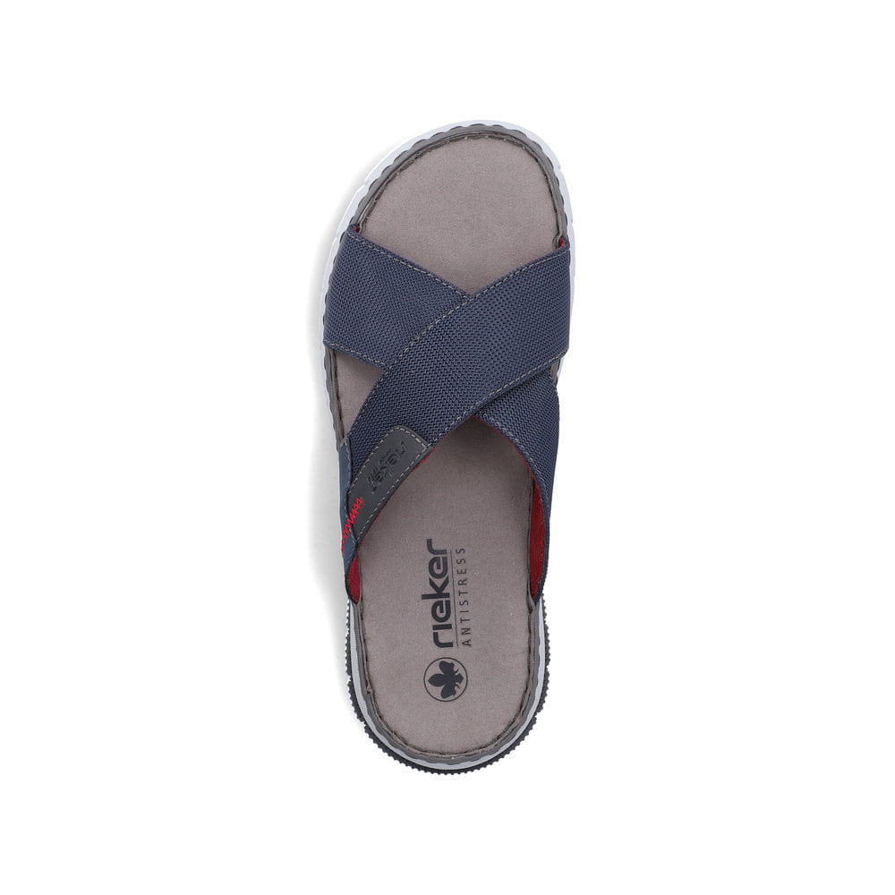 Blaue Rieker Herren Pantoletten 25250-14 mit der Komfortweite G. Schuh von oben.