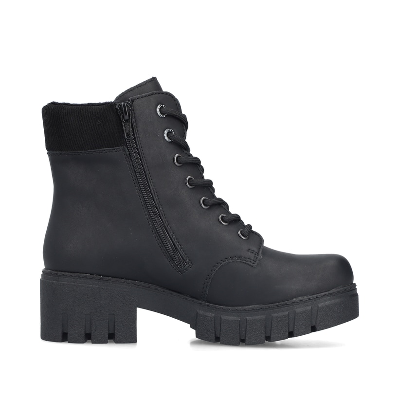 Schwarze Rieker Damen Biker Boots 74532-00 mit einem Reißverschluss. Schuh von hinten.