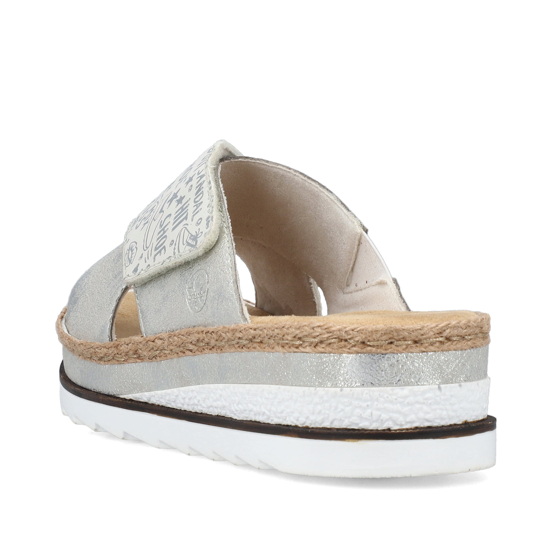 Silberne Rieker Damen Pantoletten V7979-80 mit einem Klettverschluss. Schuh von hinten.