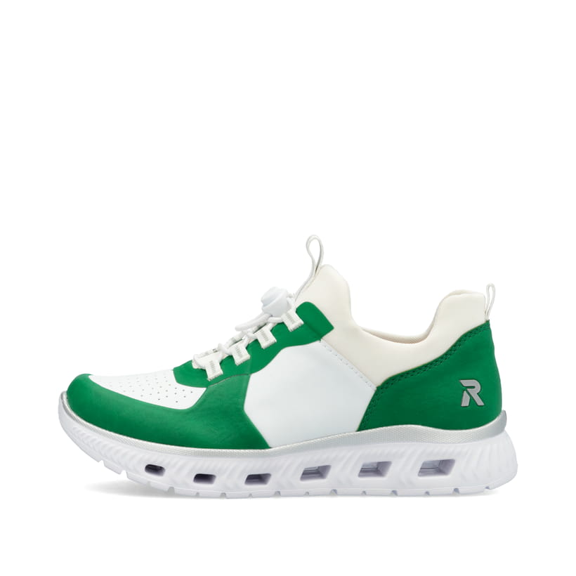Grüne vegane Rieker Damen Sneaker Low M6068-52 mit einem Gummizug. Schuh Außenseite.