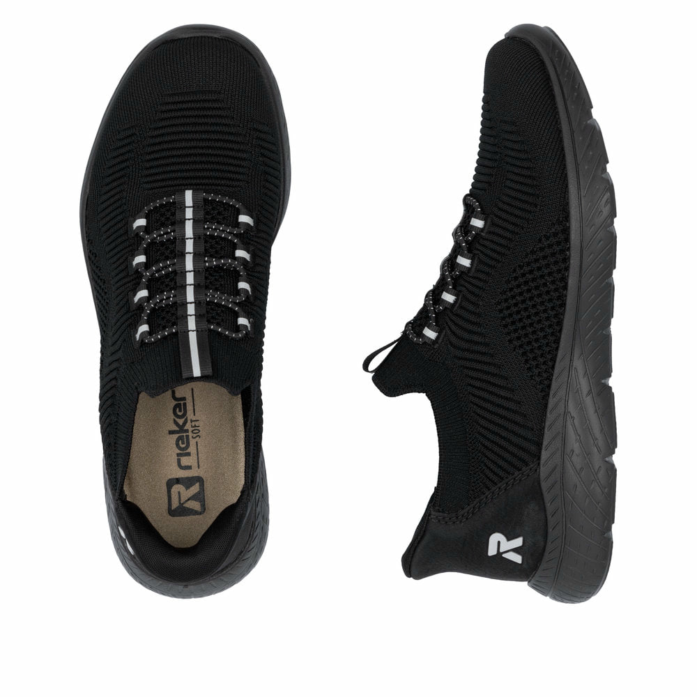 Baskets basses Rieker noires femme M5066-00 avec option easy in facile. Chaussure vue de dessus, couchée.