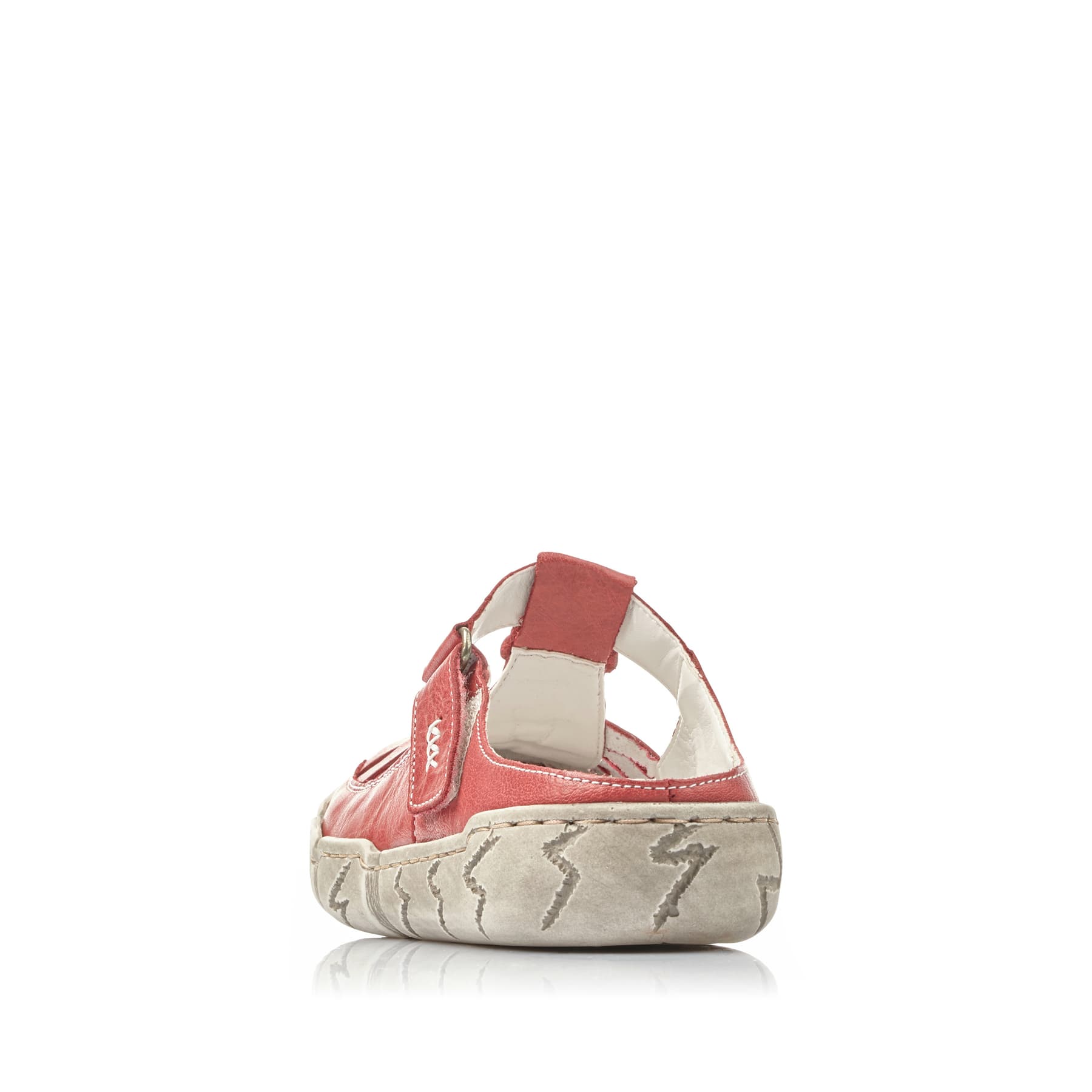 Rote Rieker Damen Clogs L0396-33 mit handgestickten Nähten sowie Klettverschluss. Schuh von hinten.