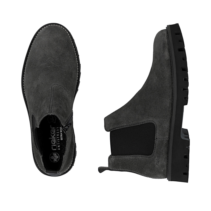 Graue Rieker Herren Chelsea Boots 30453-45 aus Rauleder mit einem Reißverschluss. Schuh von oben, liegend.