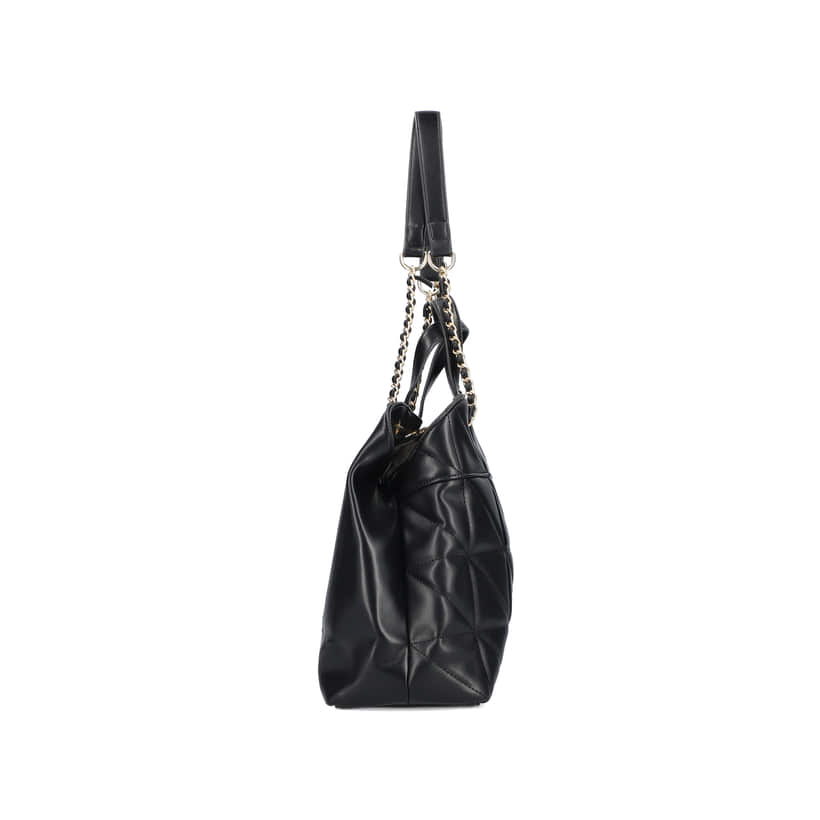 Rieker Shopper H1610-00 in Schwarz mit goldener verflochtener Kette, Reißverschluss und Innenfach. Rechtsseitig.