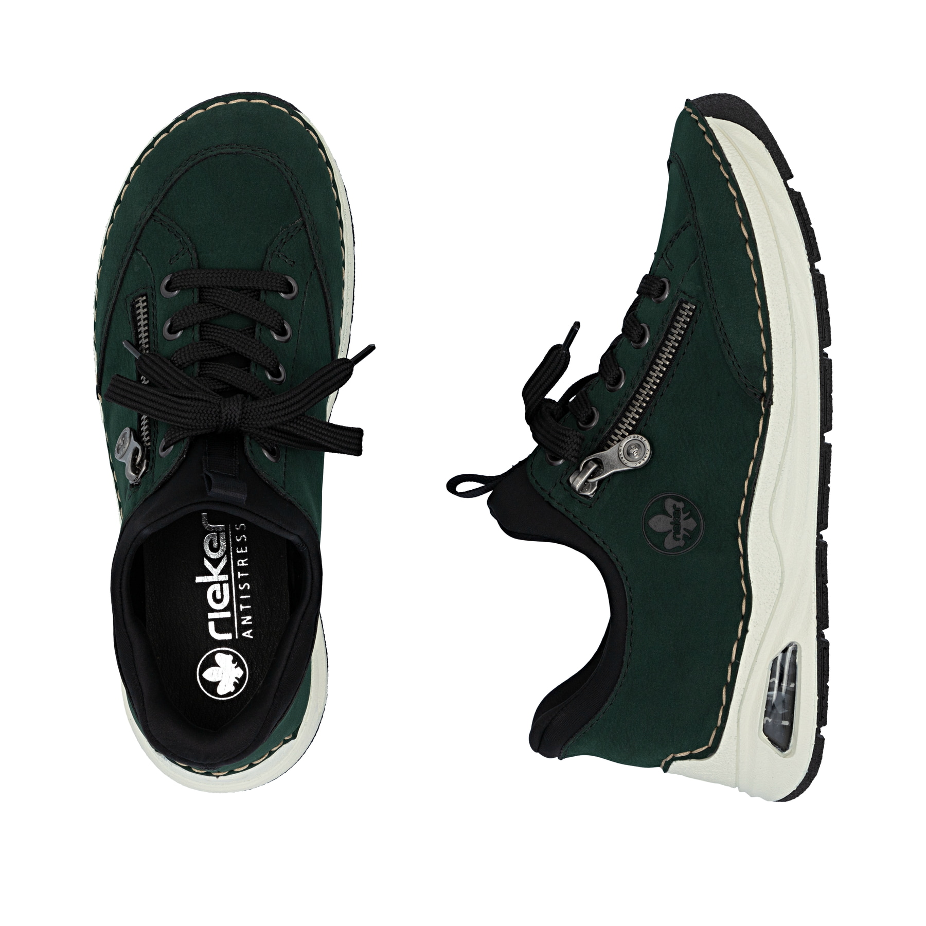 Dunkelgrüne Rieker Damen Slipper 44567-54 mit Rieker Air Sohlenfenster. Schuh von oben, liegend.
