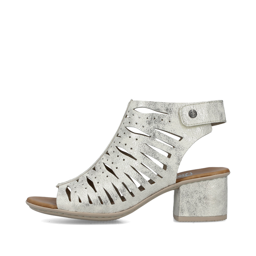 Beige Rieker Riemchensandaletten 64676-60 mit einem Klettverschluss. Schuh Außenseite.