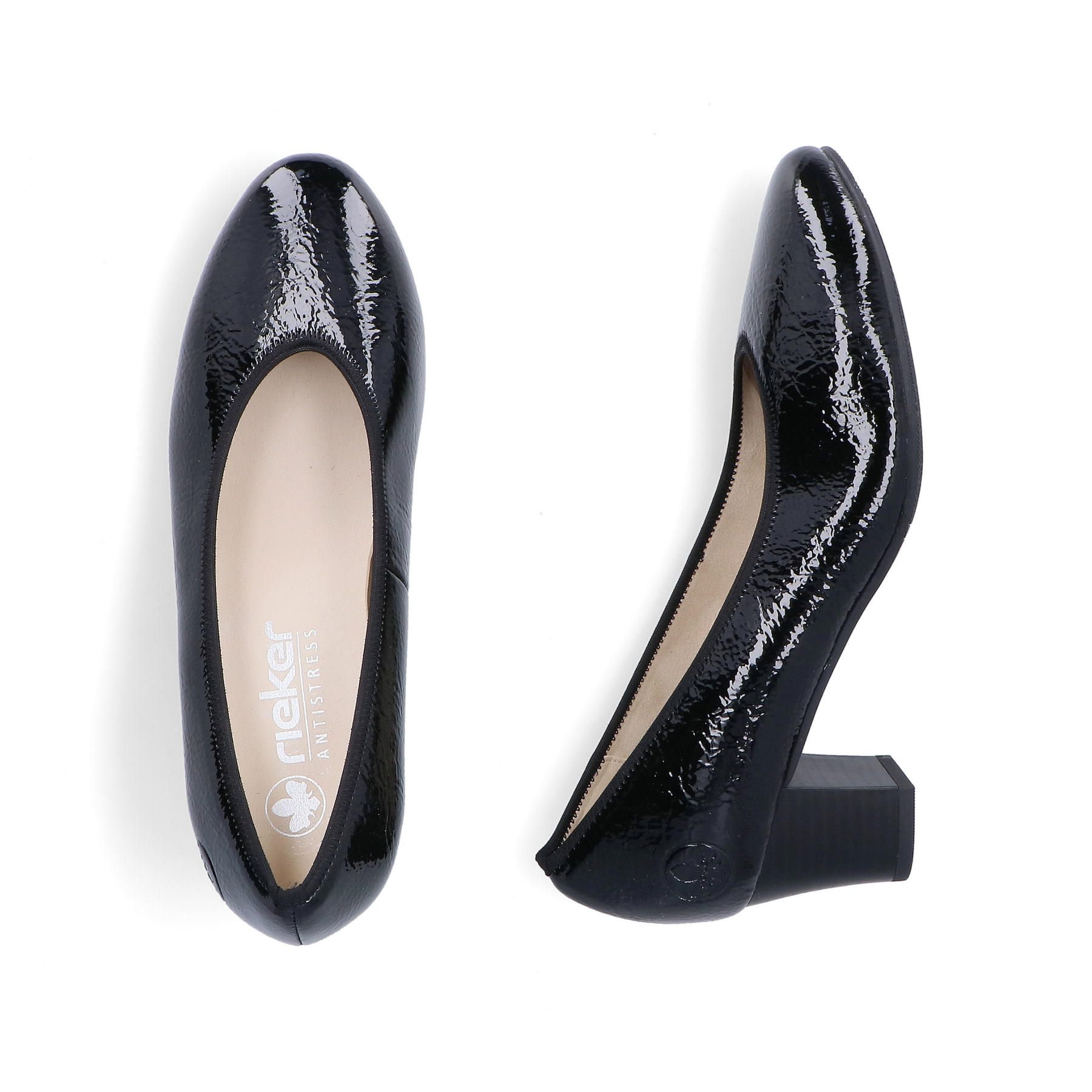 Escarpins Rieker noirs pour femme 44650-02 avec semelle adhérente. Chaussure vue de dessus, couchée.