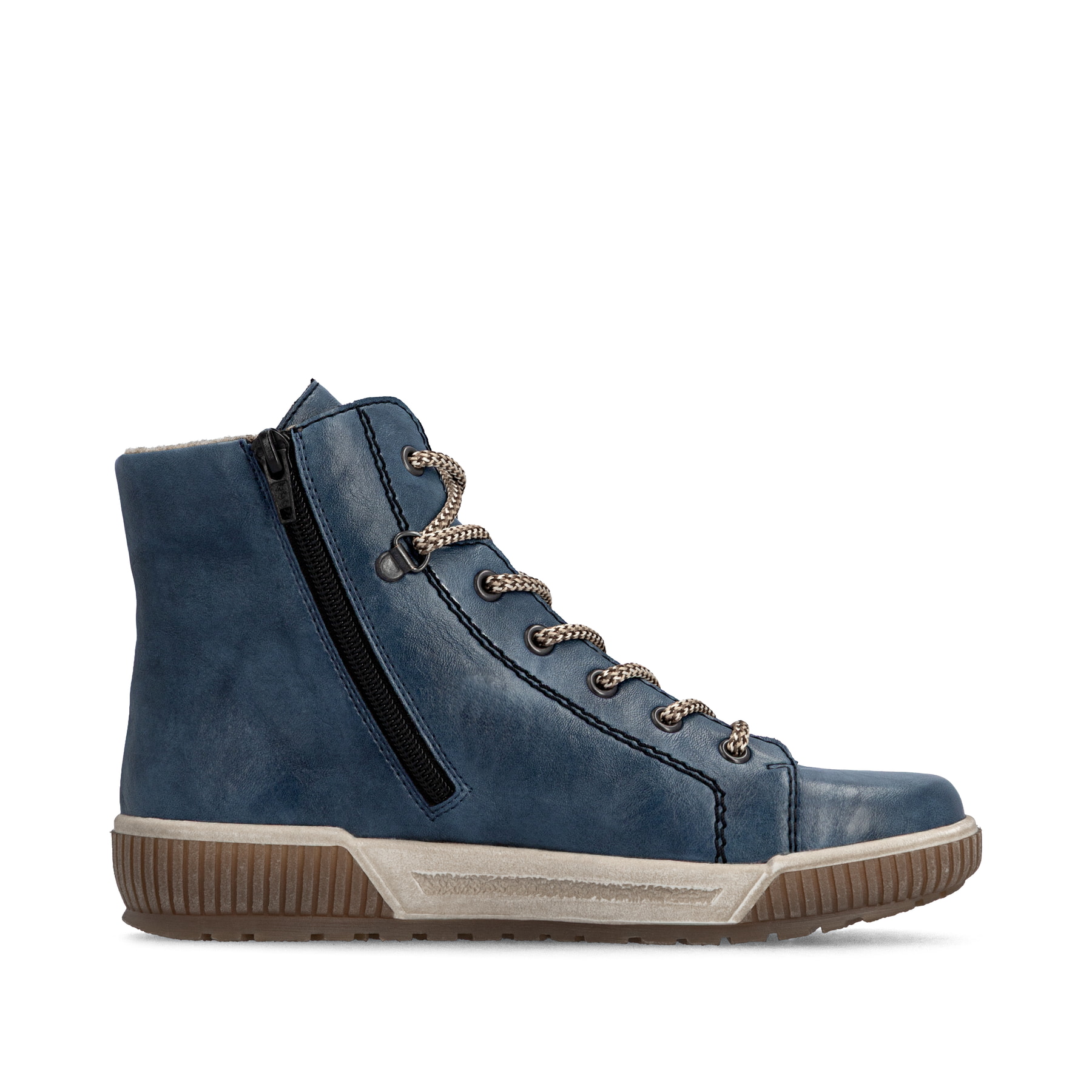 Dunkelblaue Rieker Damen Kurzstiefel N0730-14 mit einem Reißverschluss. Schuh Innenseite.