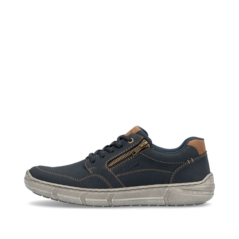 Stahlblaue Rieker Herren Schnürschuhe 04003-14 mit braunen Details. Schuh Außenseite.